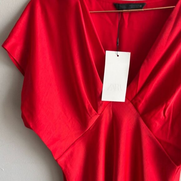 Zara Womens Bloggers Favorite Classic V-neckline Satin Dress Red Size XL - Picture 10 of 14